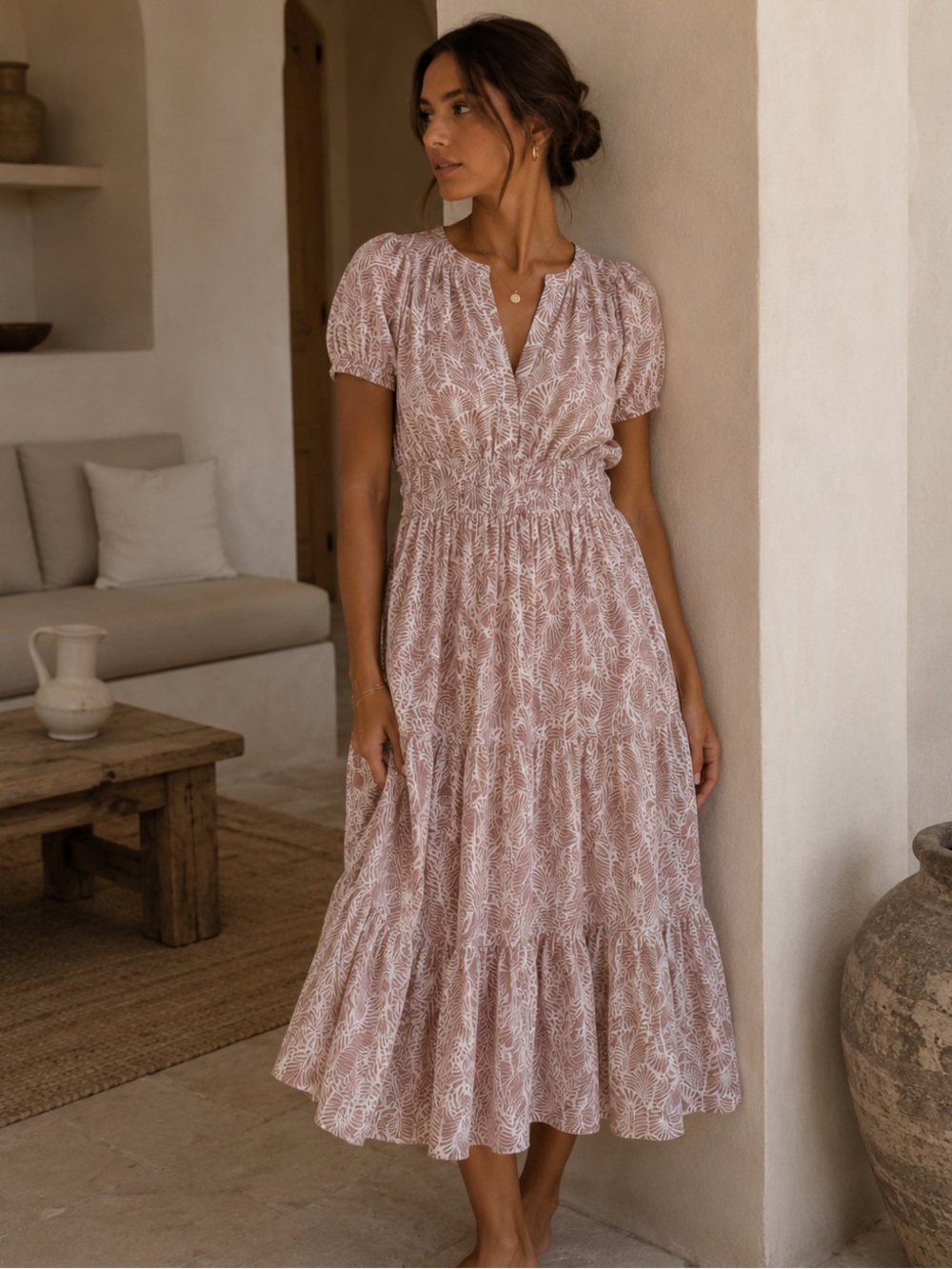 By Anthropologie Cotton Midi Dress Pink White MP Boho Cottagecore Summer Vacay